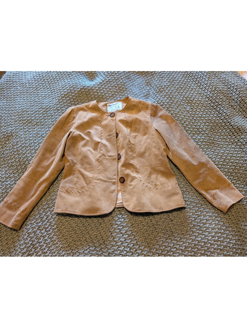 David Brooks Suede Blazer Jacket Camel Tan Whipstitch Trim Womens Sz 12 Crop